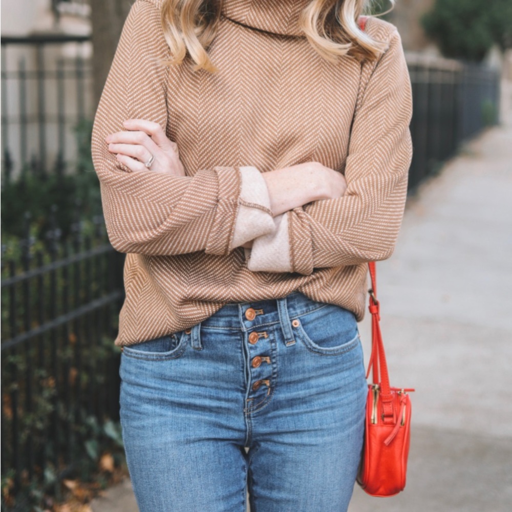 J. Crew camel Fleece Herringbone Turtleneck Pullover Sweater, Size S